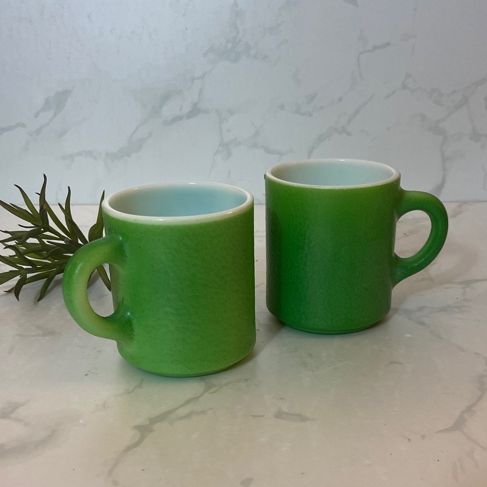 Set of Two Green Hazel Atlas Milk Glass Mugs Vintage Home Accent Kitchen Cups